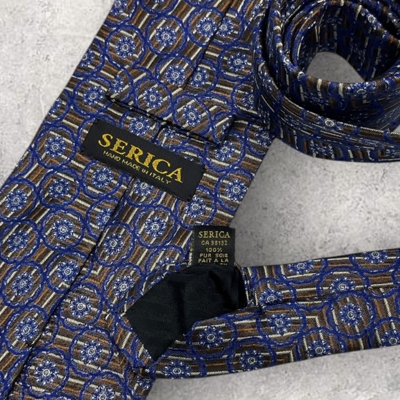 SERICA Blue/Brown Geometric Floral Silk LUXURY Tie HANDMADE ITALY - Picture 3 of 6